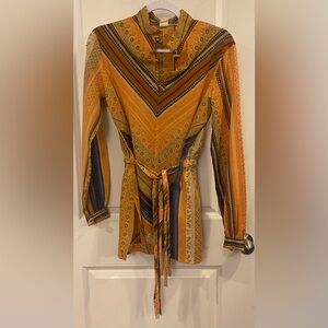 Vintage Mid Century Modern Tunic Dress Sz 14 Orange Blue Tan Multi Print 1970’s